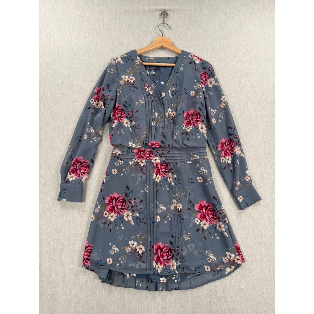 White House Black Market Blue Floral Pintuck Pleat Long Sleeve Dress Size 2 - Picture 1 of 14